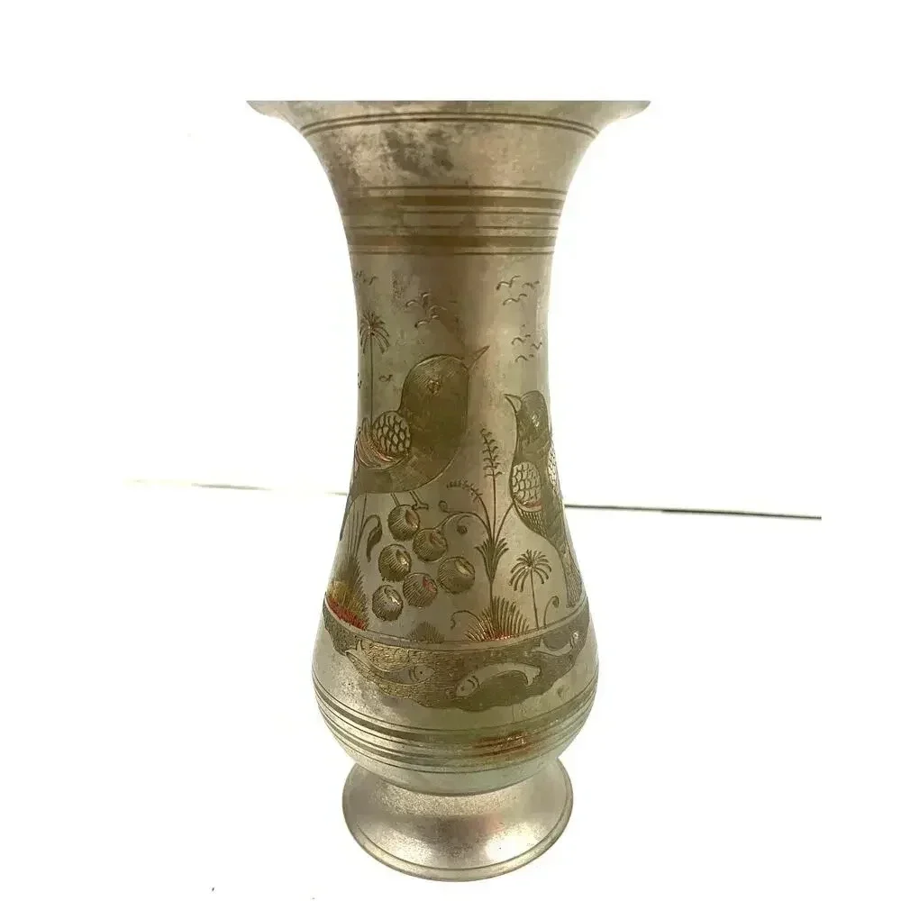 VTG Silver Tone Metal Middle Eastern Vase With Etching 8